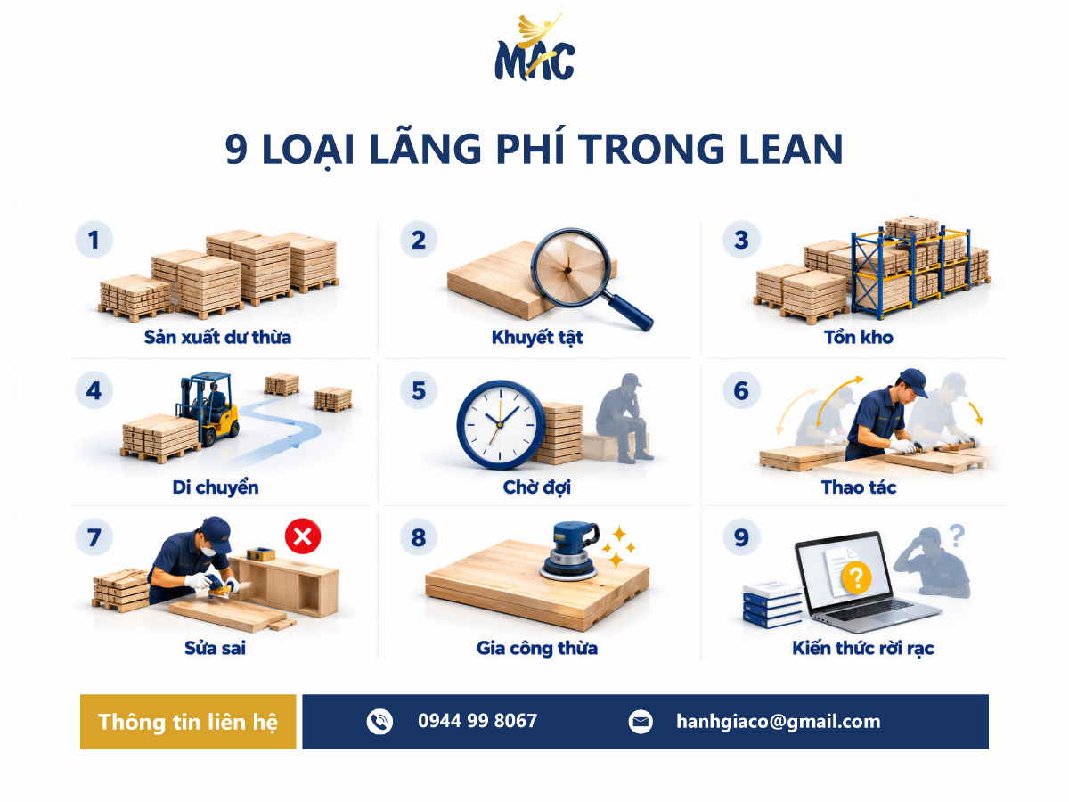 Infographic 9 loại lãng phí trong Lean Manufacturing gồm sản xuất dư thừa, khuyết tật, tồn kho, di chuyển, chờ đợi, thao tác, sửa sai, gia công thừa và kiến thức rời rạc.