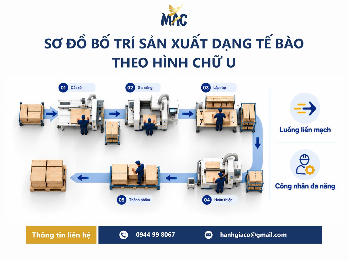 Sơ đồ bố trí sản xuất dạng tế bào Cellular Layout theo hình chữ U, thể hiện các trạm cắt xẻ, gia công, lắp ráp, hoàn thiện và hướng di chuyển của sản phẩm.