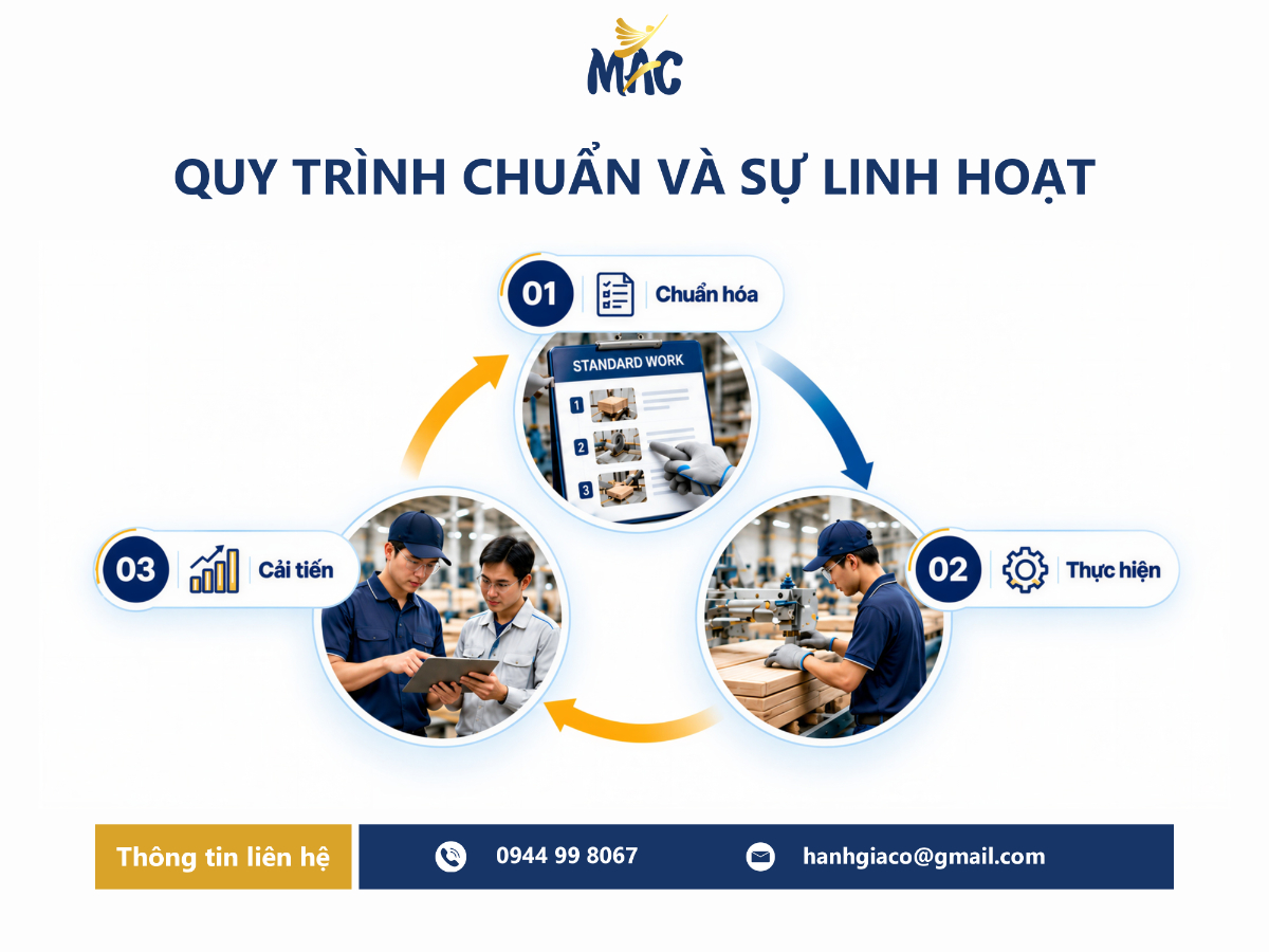 Sơ đồ quy trình chuẩn Lean Manufacturing gồm ba bước chuẩn hóa, thực hiện và cải tiến liên tục